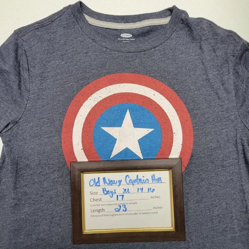 Old Navy Captain America Shield Tee Shirt Boys XL‎ 14 16 Blue Gray School Hero